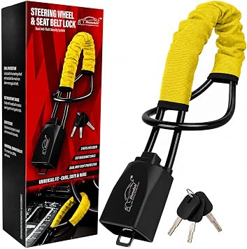 Xtremeauto Steering Wheel & Seat Belt Lock   Dual Anti-Theft Vehicle Security Lock with Cut Resistant Steel Cable, High Visibility Cover & 3 Keys   Universal Fit for Cars, SUVs & Vans Yellow