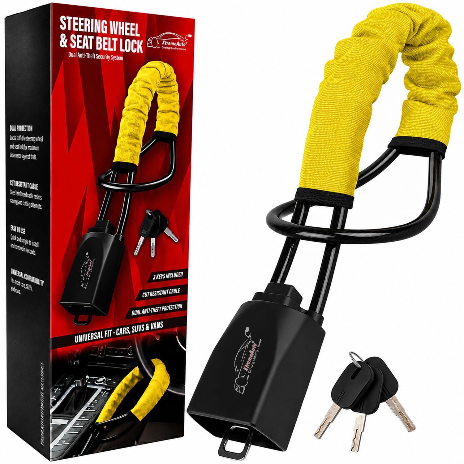 Xtremeauto Steering Wheel &amp; Seat Belt Lock – Dual Anti-Theft Vehicle Security Lock with Cut Resistant Steel Cable, High Visibility Cover &amp; 3 Keys – Universal Fit for Cars, SUVs &amp; Vans (Yellow)