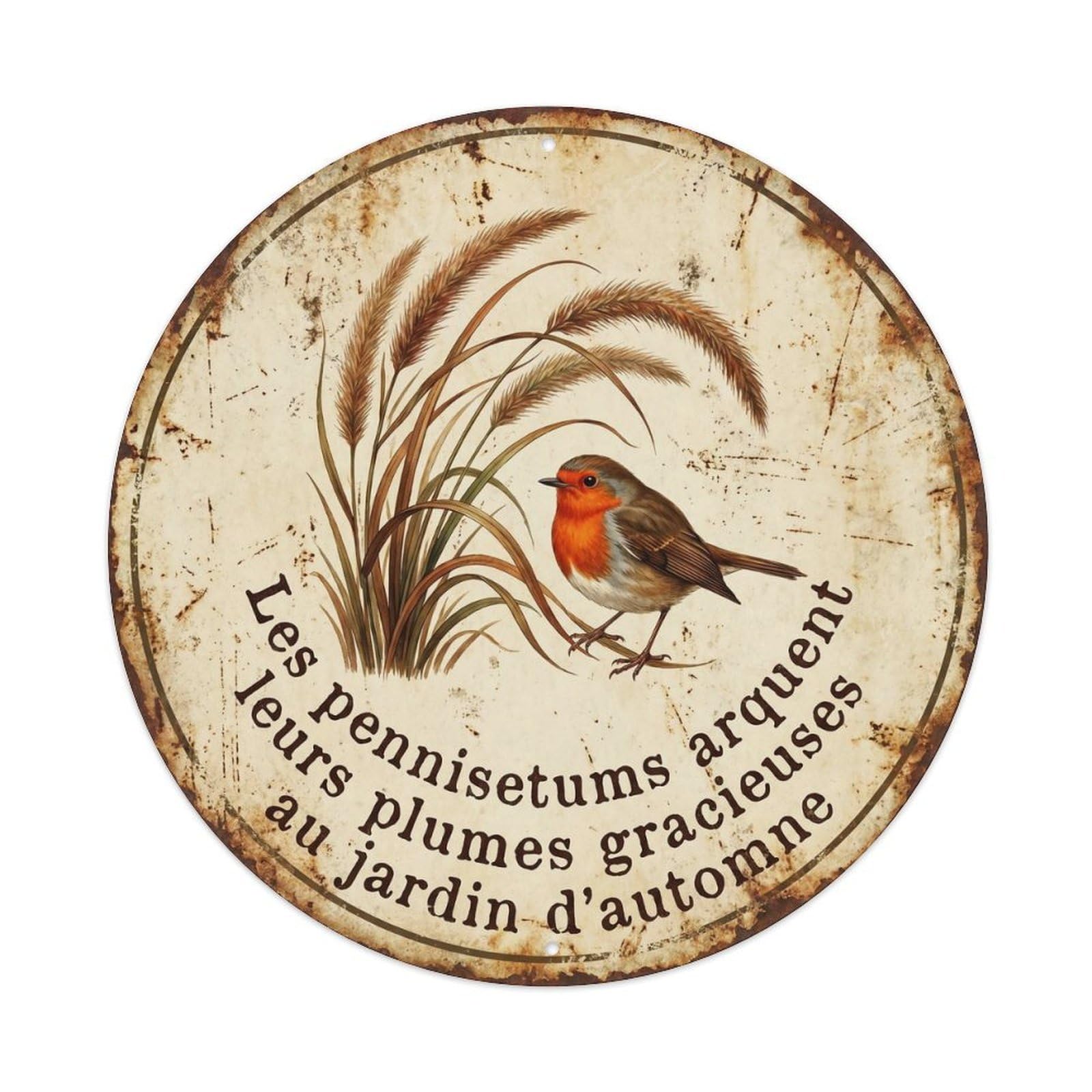 Robin Bird Garden Quote Fountain Grass CircleMetal Tin Sign