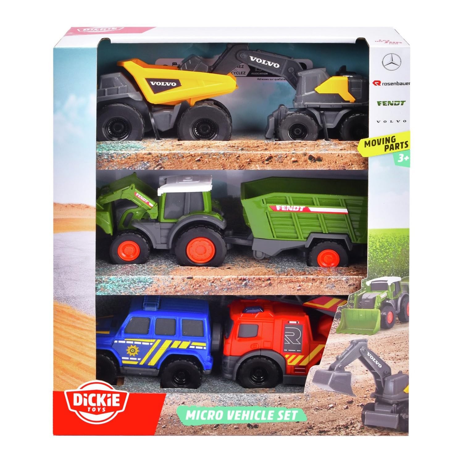 Dickie Toys - Set of 5 micro toy cars (each approx. 8 cm) - 5 cars (police, fire brigade, excavator, tractor with trailer and dump truck) with freewheel and moving parts for children from 3 years