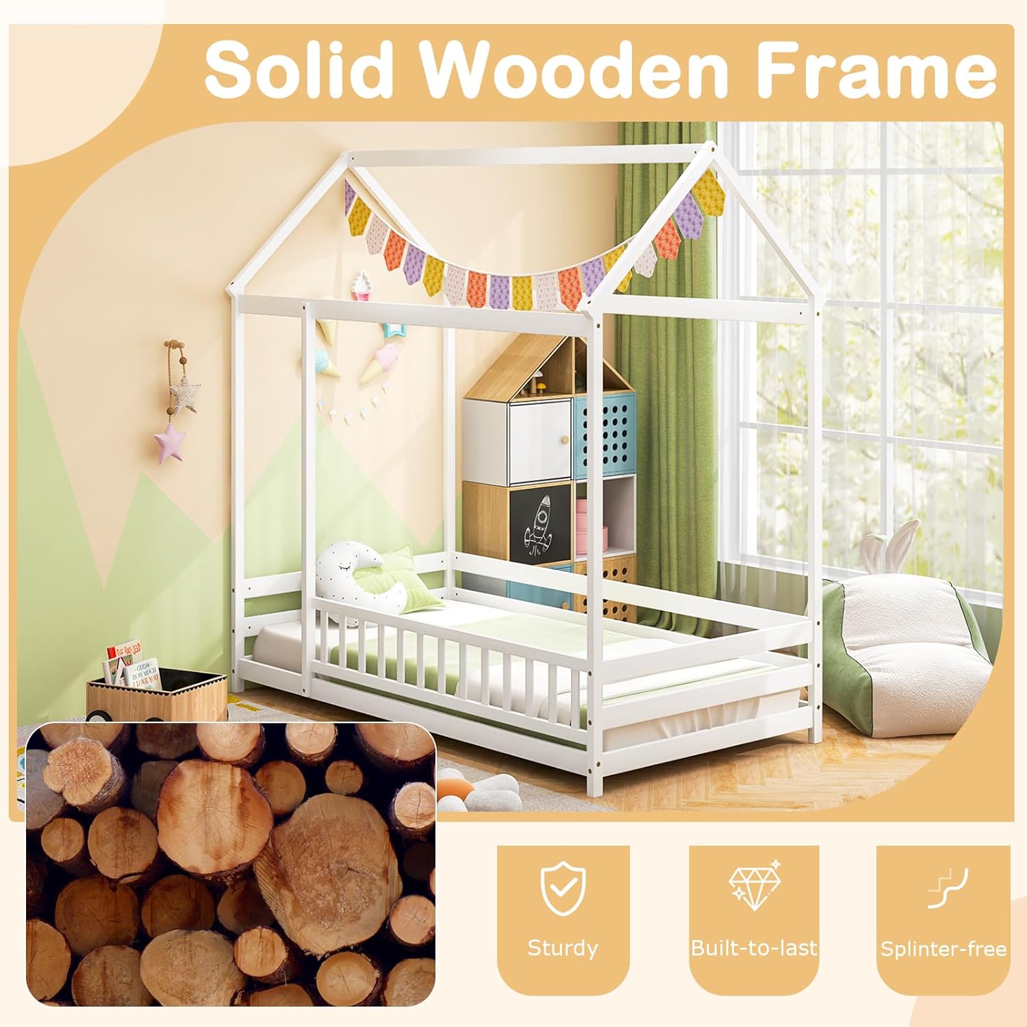 Giantex Twin Floor Bed with Fence, Wood Montessori Bed with Safety Guardrails and 80.5" High Roof Design, Without Slats, House Bed Frame, Low Floor Bed Twin for Kids, Girls, Boys (White)