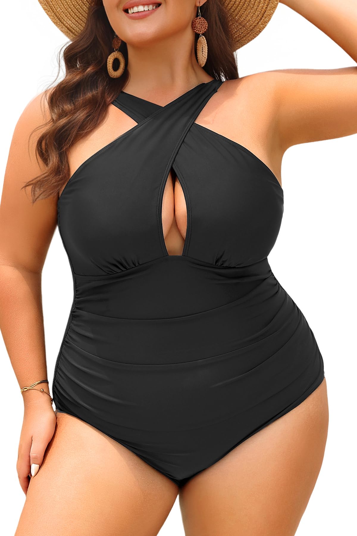 Daci Womens Front Cross Plus Size One Piece Swimsuits Tummy Control Keyhole Bathing Suits Swimwear