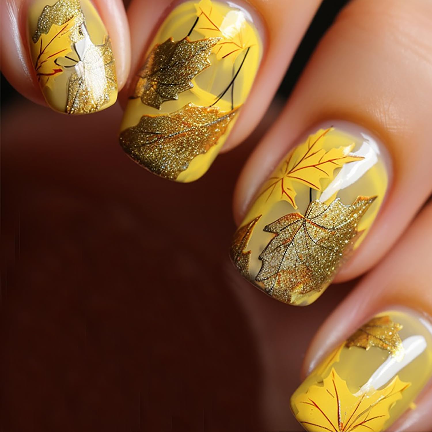 24 pcs Fall Glitter Press On Nails With Gold Maple Leaf Designs, Autumn Yellow, Short, Square, Fake, Sparkly Acrylic, Full Cover Stick On Nails For Women's Nail Art Manicure