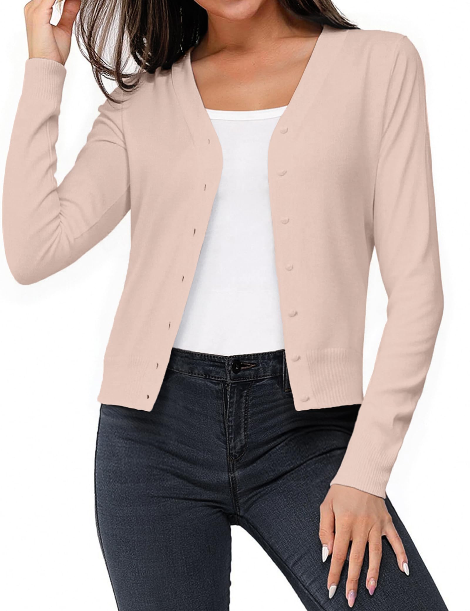 Aottori Damen Strickjacke Kurz Leichte Cardigan Langarm Elegant Bolero V-Ausschnitt Klassisch Strickmantel mit Knöpfen Casual für Frühling Herbst