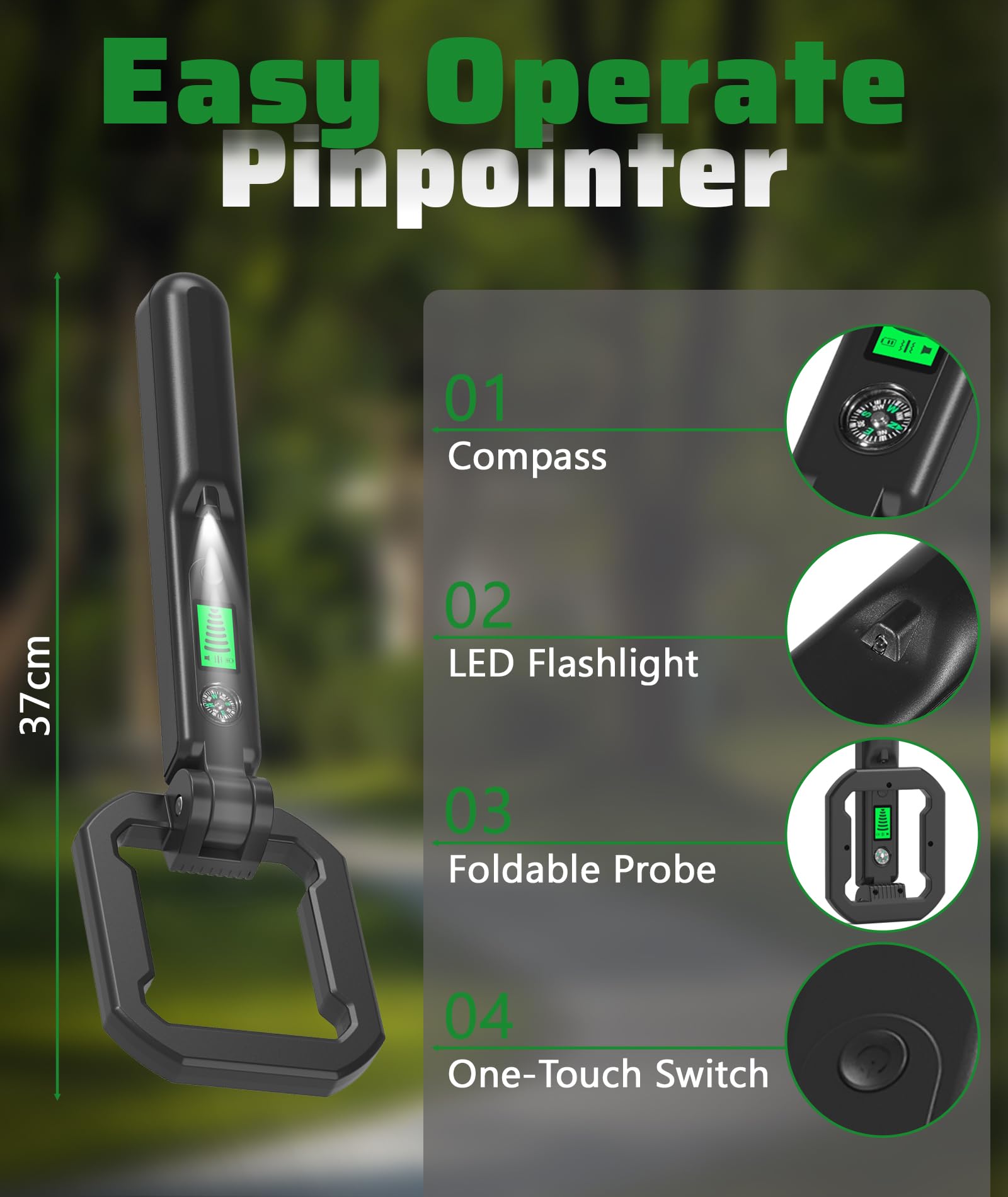 Detector de metales plegable de mano, resistente al agua IP66, para niños y adultos, ligero, portátil, herramienta de detección de 360° con pantalla LCD, brújula y luz LED, funciona con pilas de 9 V