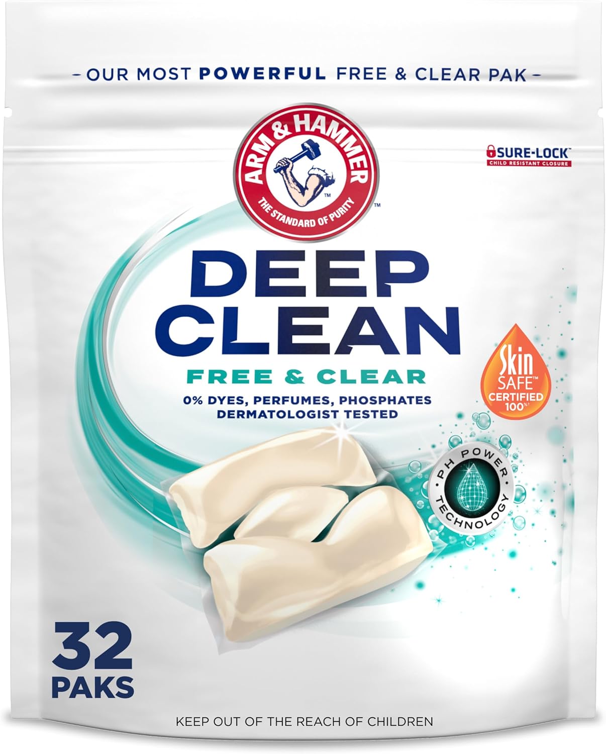 ARM & HAMMER Deep Clean Free & Clear Power Paks Concentrated Laundry Detergent, Free of Dyes, Perfumes and Phosphates, Dermatologist Tested, 32 Count - Image 1 of 9