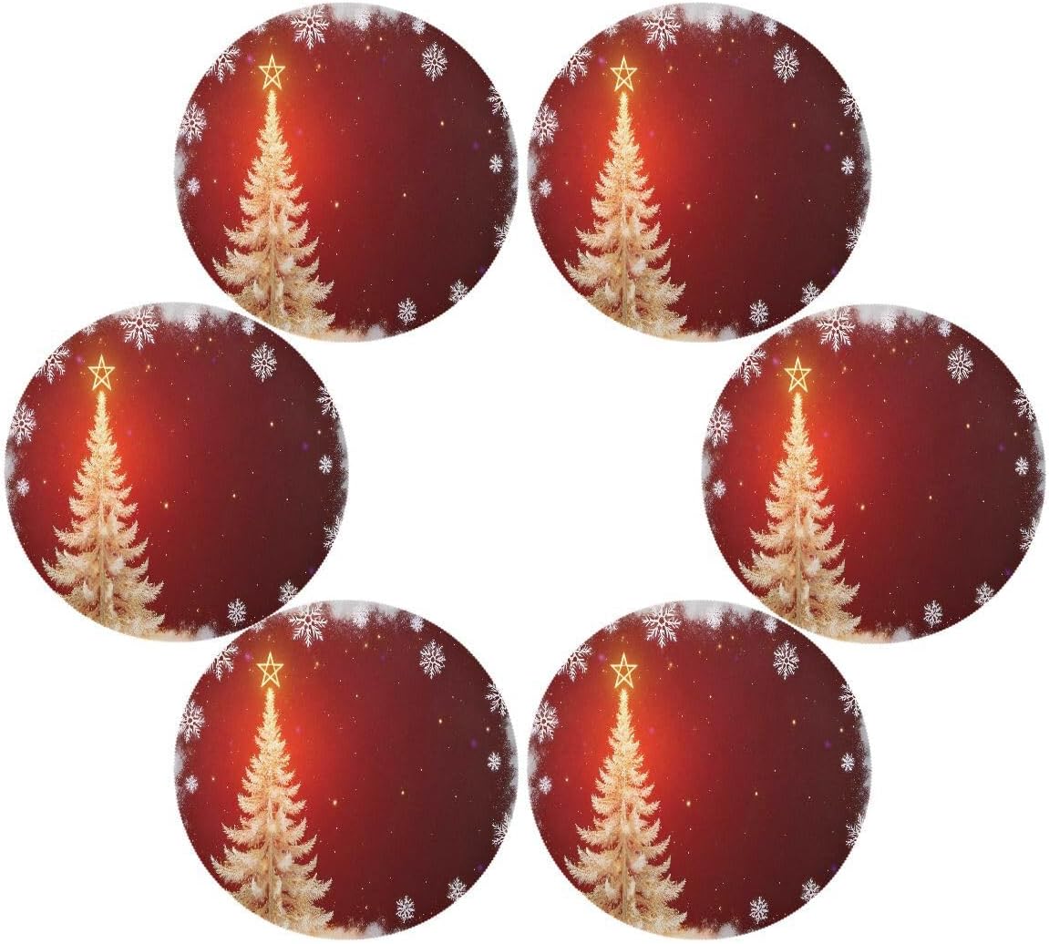 6 Pack Round Placemats Sparkle Christmas Tree Table Mats Heat-Resistant Stain Resistant Anti-Skid Washable Placemats 15.4 Inch