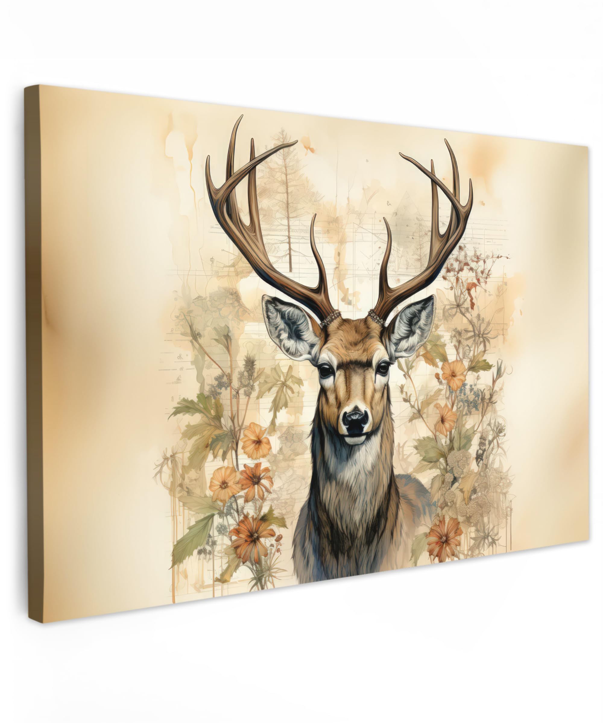 MuchoWow© Bild auf Leinwand 90x60 cm Schlafzimmer Bilder Wand Deko Wohnzimmer Modern Wanddeko Bilderwand Geschenk Vintage - Hirsch - Rothirsch - Blumen - Beige - Tiere - Natur