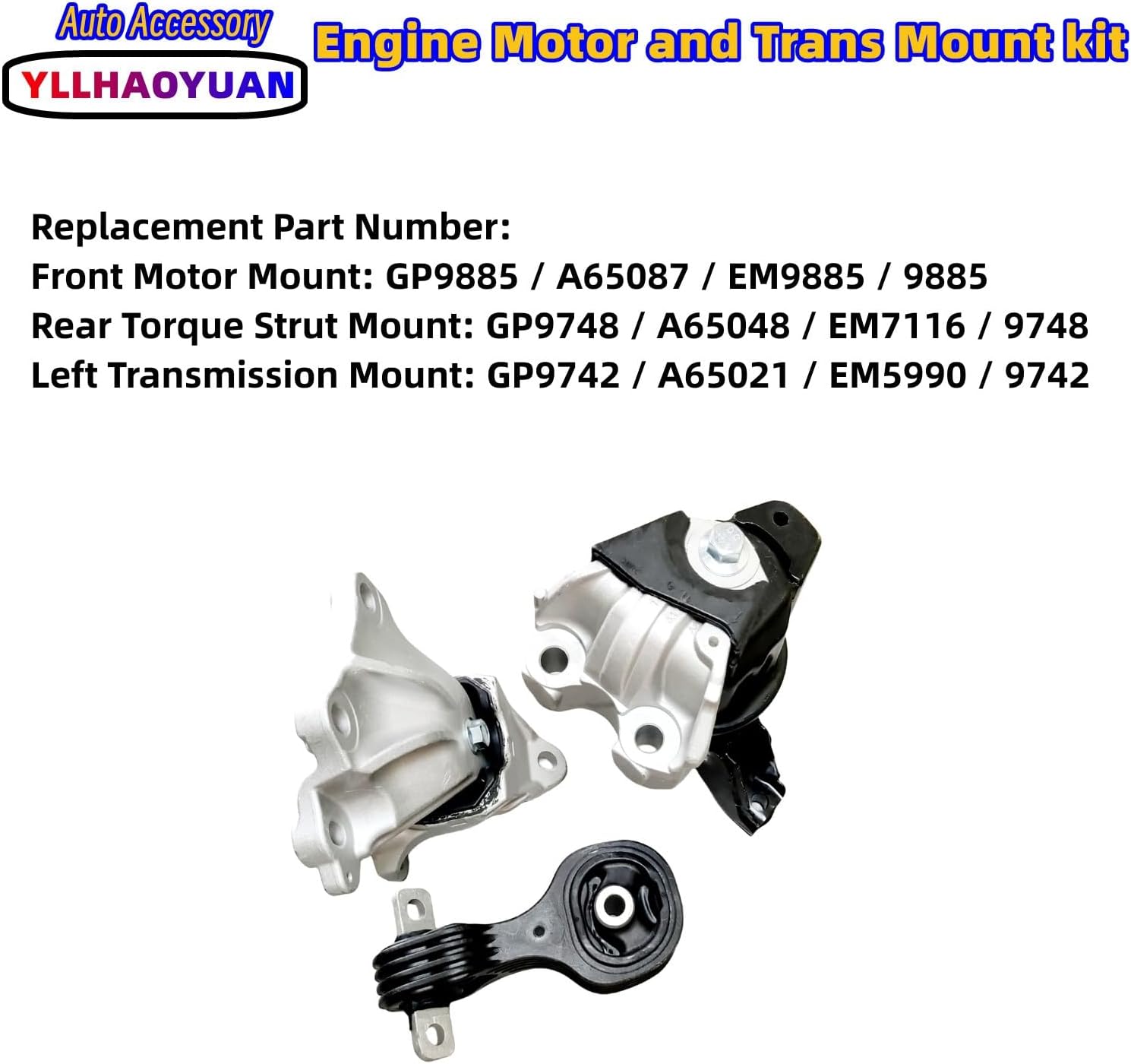Complete Set of 3 Engine Motor Mounts for 2012-2015 Civic 1.8L Coupe & Sedan (Auto) - Fits GP9885, GP9748, GP9742 - Fixes Vibration & Engine Movement