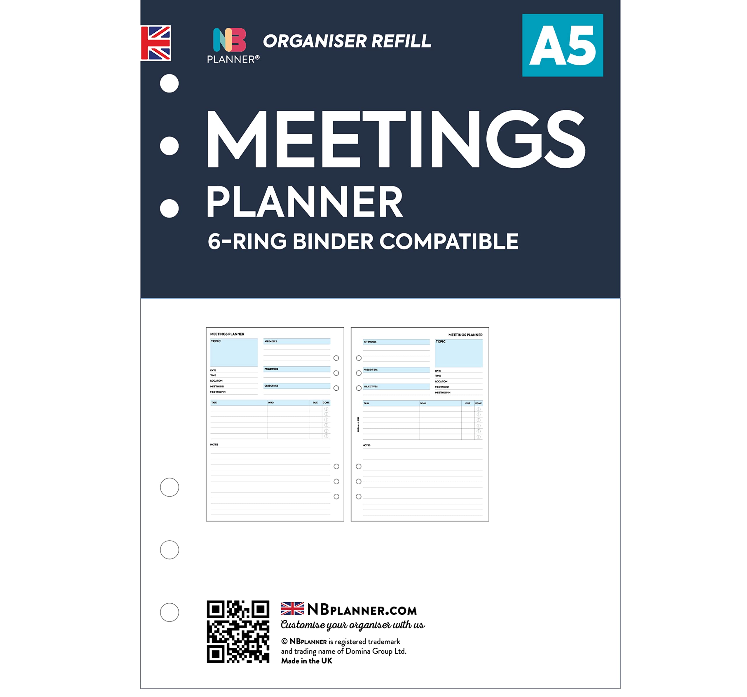 Meetings panner organiser refill insert | Compatible with Filofax A5 size 6-ring organisers | 50 sheets | 148 x 210mm