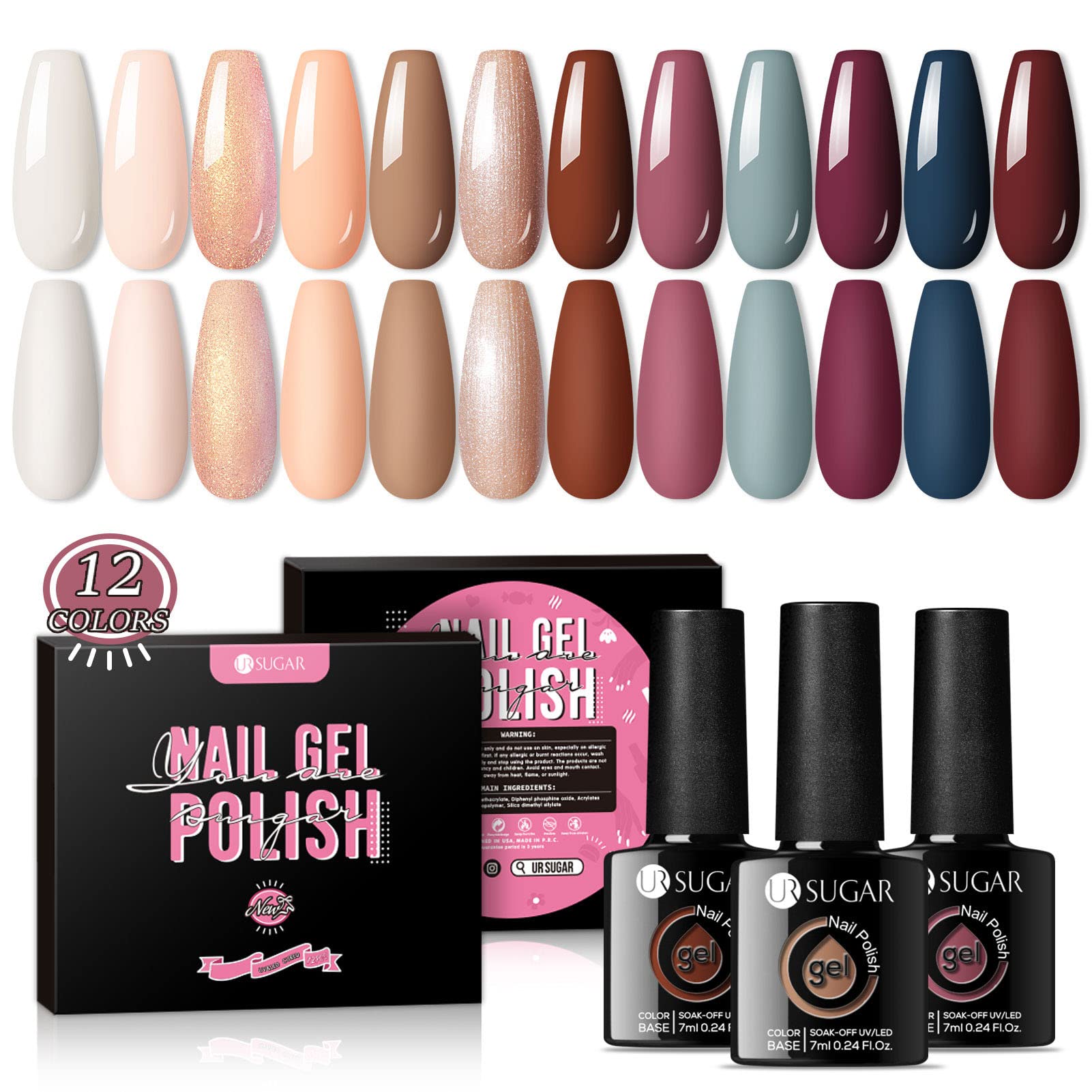 UR SUGAR Esmaltes Semipermanentes para Uñas Nude, 12 Colores Pintauñas Semipermanentes Otoño Invierno Shellac Gel UV LED Marrón Rojo Rosa, Esmalte de Uñas Set para Salón Manicura