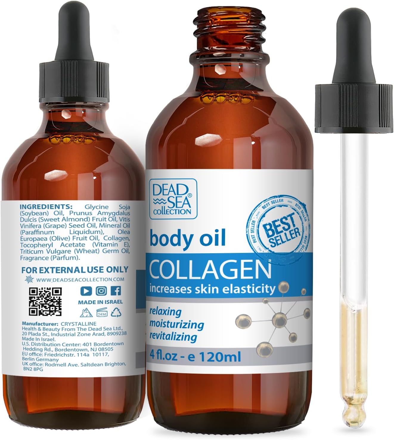 Dead Sea Collection Body Oil for Dry Skin - Collagen & Vitamin E - Moisturizing & Nourishing, Anti-Aging & Skin Elasticity Support for Face (4 Fl. Oz Each)