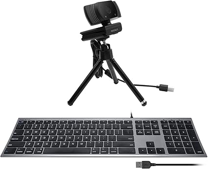 Macally Ultra Slim Wired Computer Keyboard and 1080P Webcam with Microphone and Tripod, Look Better in Your Conference Call