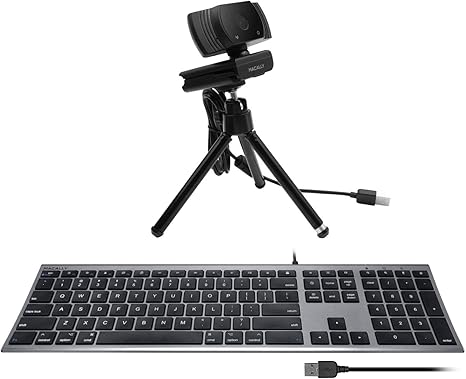 Macally Ultra Slim Wired Computer Keyboard and 1080P Webcam with Microphone and Tripod, Look Better in Your Conference Call