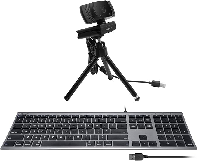 Macally Ultra Slim Wired Computer Keyboard and 1080P Webcam with Microphone and Tripod, Look Better in Your Conference Call