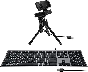 Macally Ultra Slim Wired Computer Keyboard and 1080P Webcam with Microphone and Tripod, Look Better in Your Conference Call