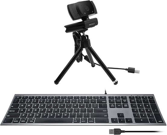 Macally Ultra Slim Wired Computer Keyboard and 1080P Webcam with Microphone and Tripod, Look Better in Your Conference Call