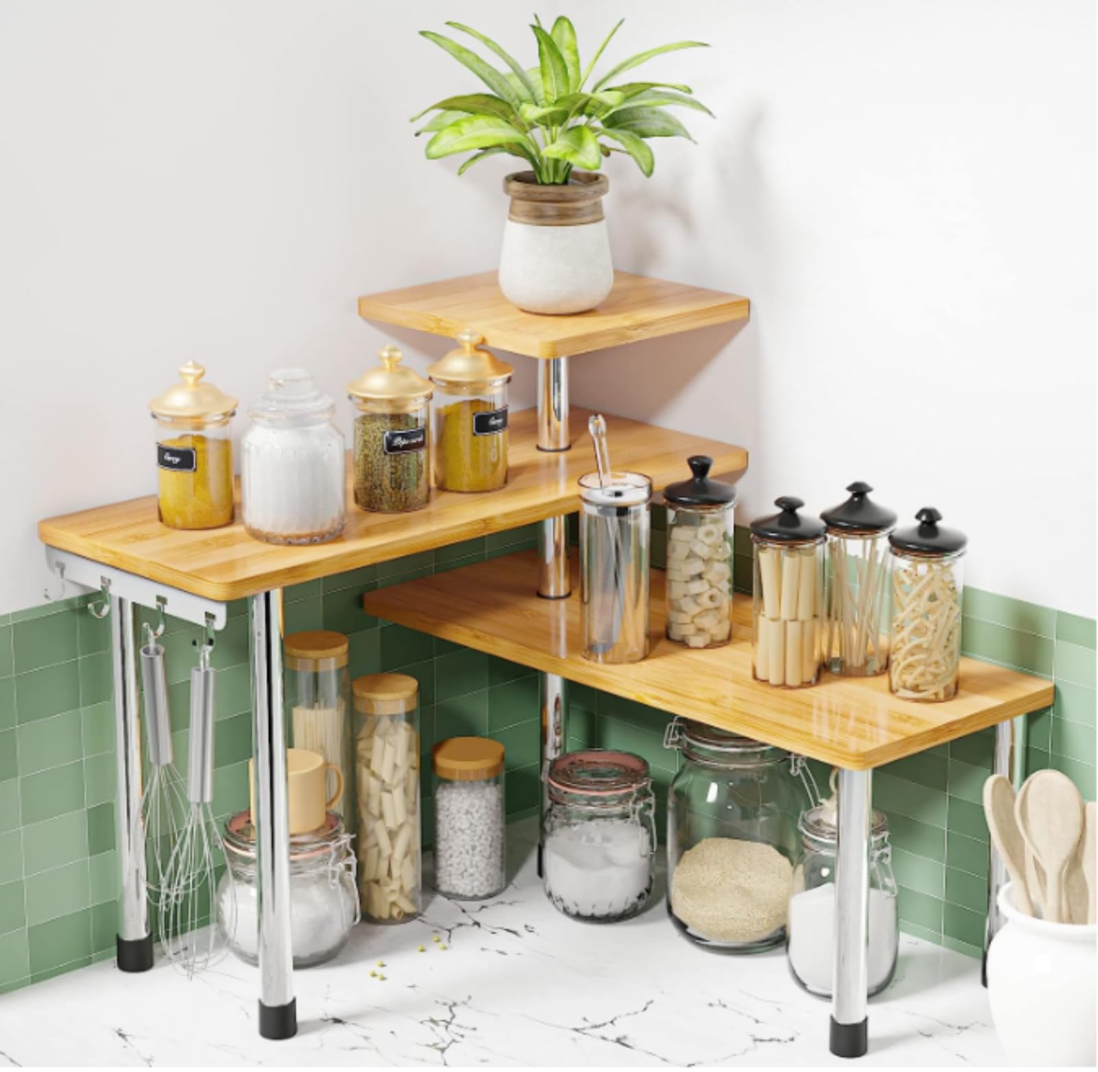 TAME Kitchen Countertop Organizer Kitchen Organization, 3 Tier Corner Shelf Bamboo Bathroom Countertop Organizer with Hooks, Spice Rack Display Shelves, Space Saving Cabinet Organizer