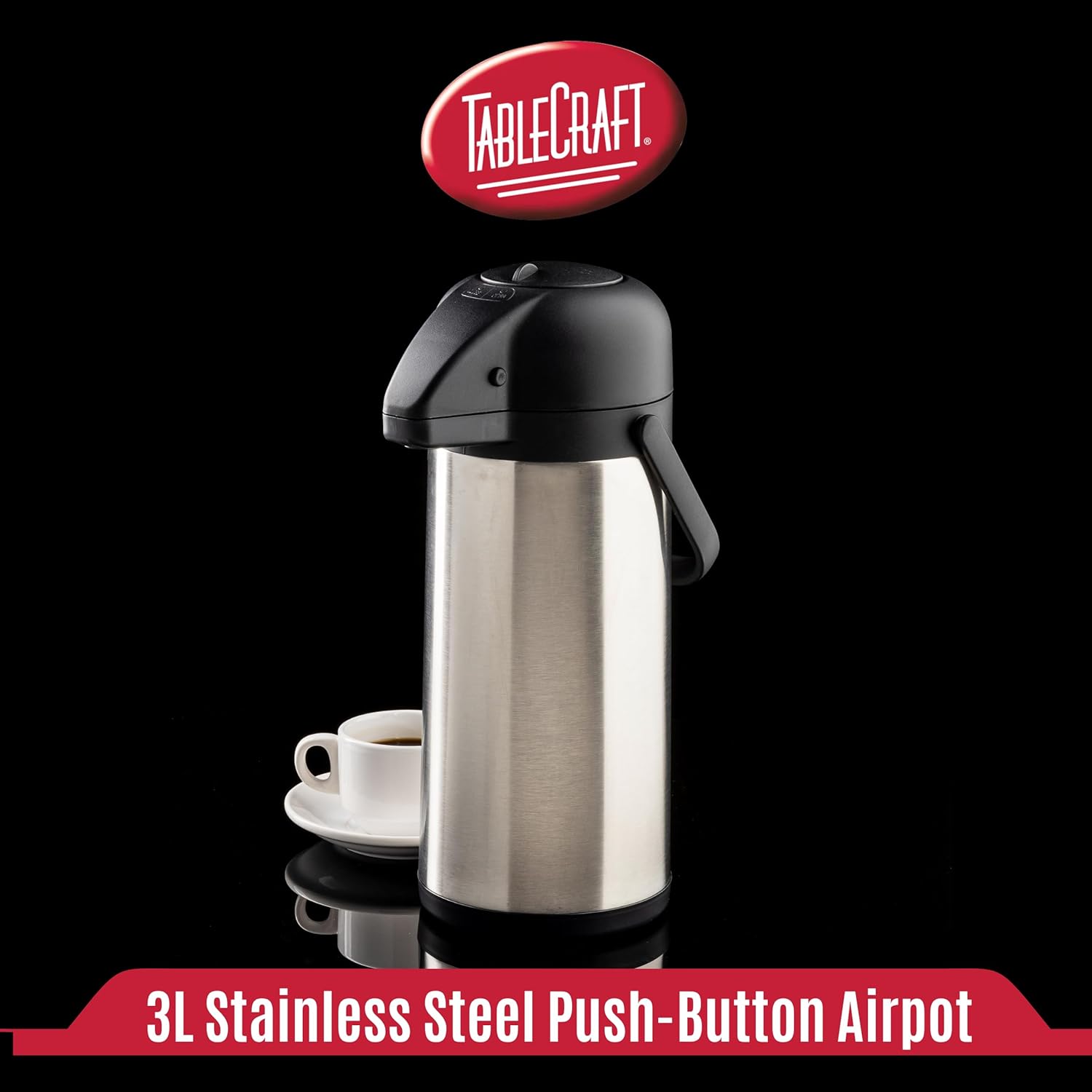 Stainless Steel Airpot with Swivel Base, 3 L (100 oz), Matte Silver Finish, Vacuum Insulated, Lockable Hot and Cold Airpot with Handle, Push-Button Dispenser