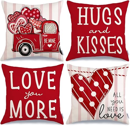 Juego de 4 fundas de almohada para el día de San Valentín de 18 x 18 pulgadas, decoración de San Valentín, diseño de lunares rojos, corazones,
