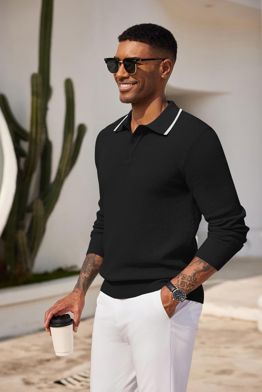 COOFANDY Mens Knit Polo Shirts Long Sleeve Casual Polo Sweaters Shirt Waffle Textured Collared Sweater - Image 2