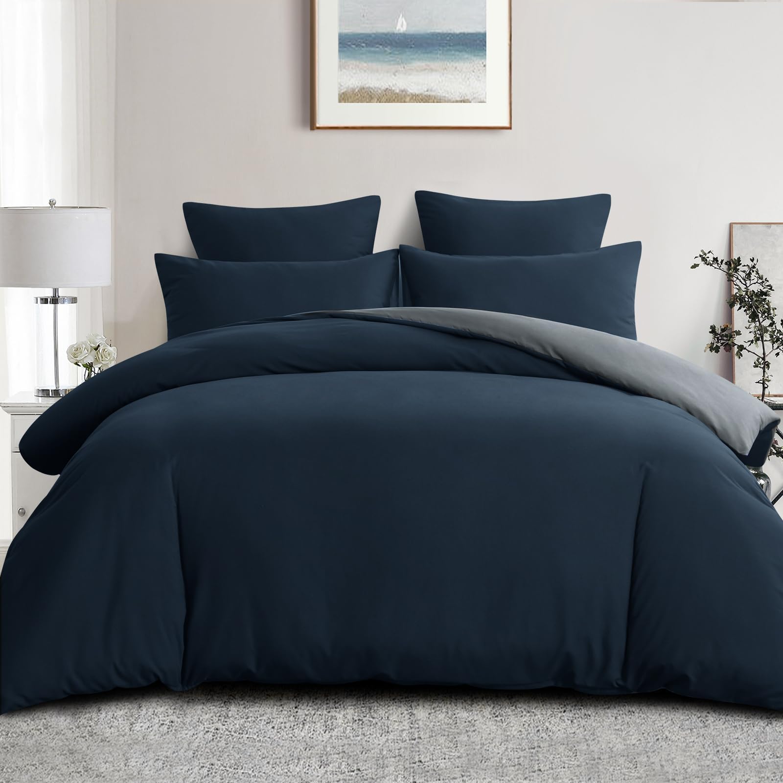 Aisbo Super King Size Duvet Cover Set - 3Pcs Reversible Bedding Bed Set Navy Blue and Grey Superking Soft Brushed Microfiber Quilt Cover with 2 Pillowcases 50x75cm