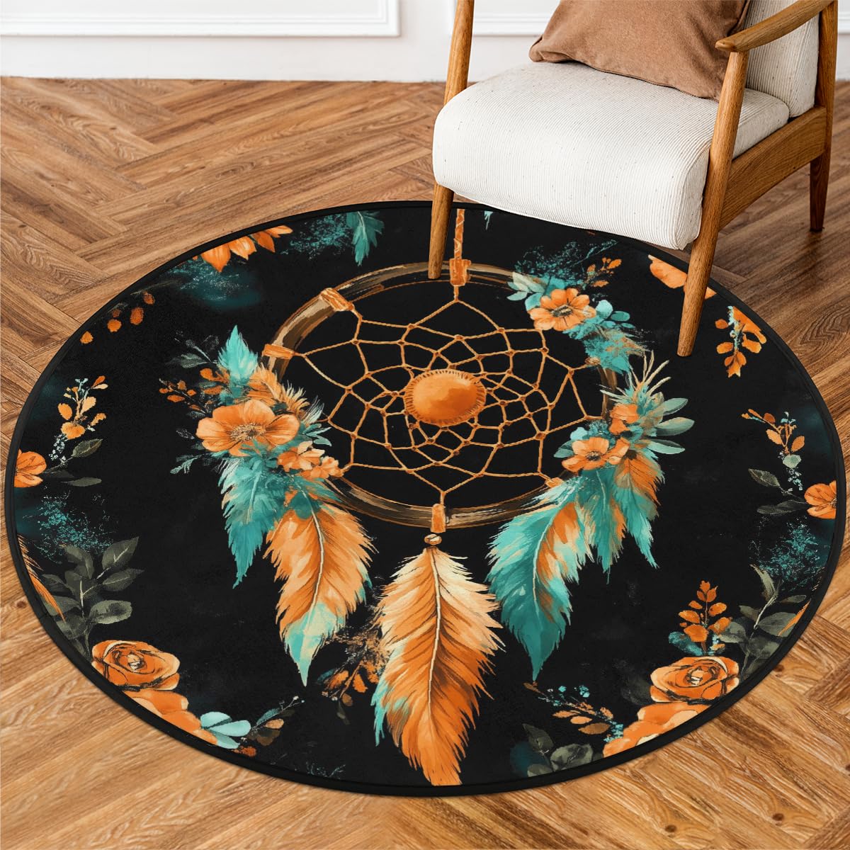Orangefarbener Traumfänger-Teppich, Boho-Blumenmuster, rund, waschbar, Gaming-Teppich für Schlafzimmer, Wohnzimmer, Arbeitszimmer, Bodenmatte, 160 cm