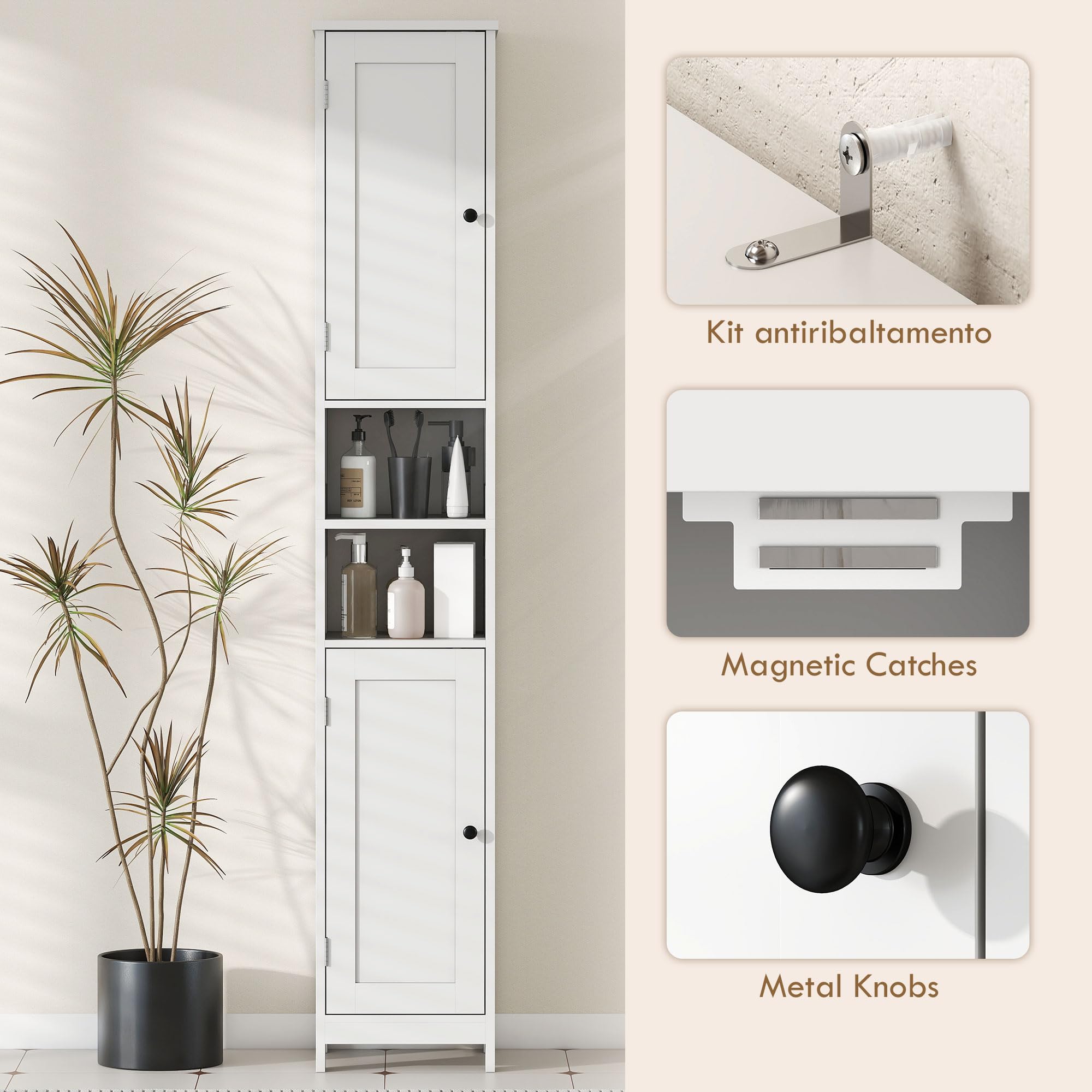HOMCOM Mobile Bagno a Colonna con 2 Armadietti e 2 Ripiani Aperti Mobiletto Bagno Salvaspazio con Ripiani Regolabili per Soggiorno Sala da Pranzo 30x30x170 cm Bianco