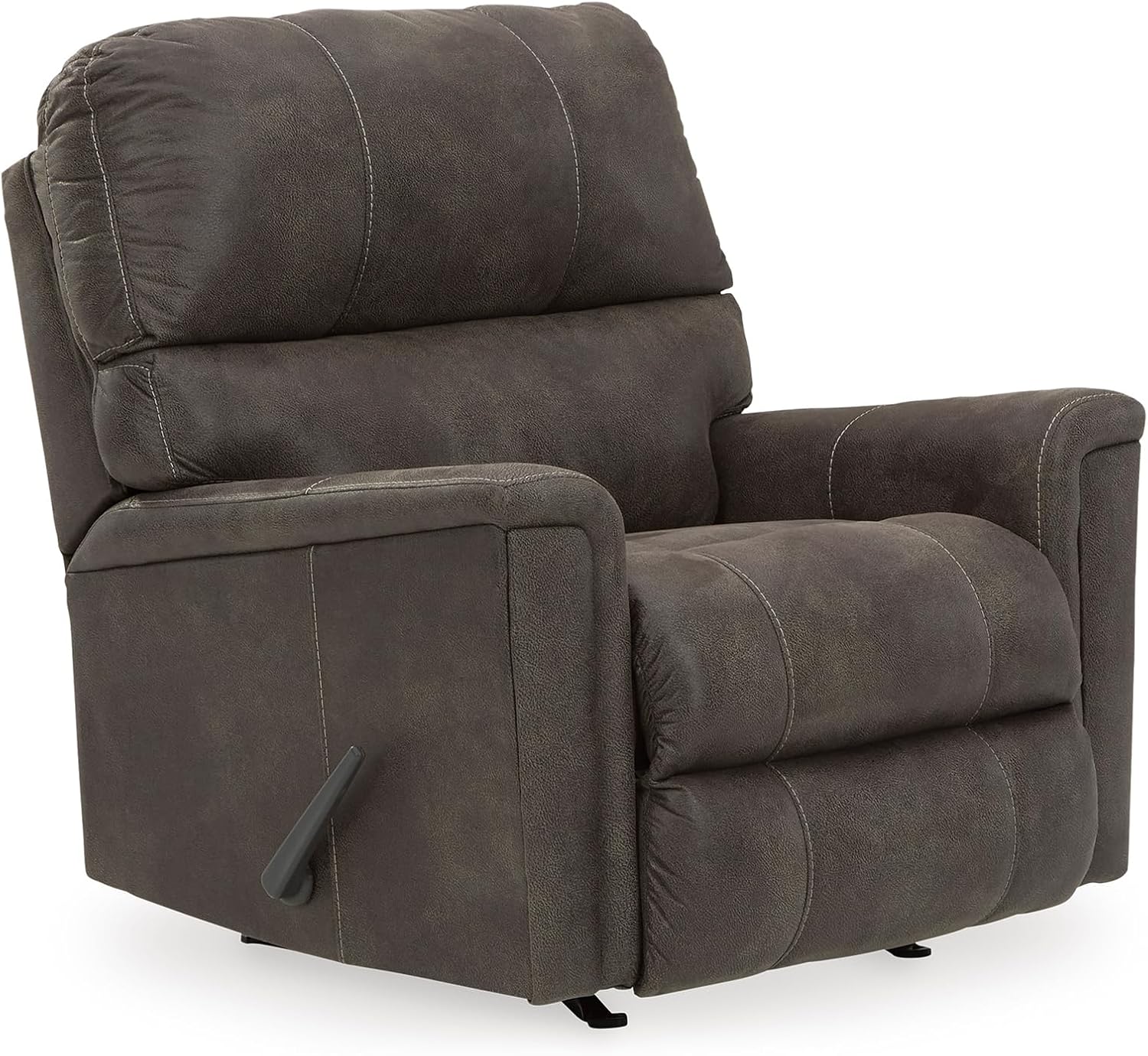 Signature Design by Ashley Navi 1-Piece Rocker Recliner, Smoke Faux Leather | 97% polyester and 3% PU faux leather, Metal reinforced seat box, Prominent jumbo stitching, Manual rocker recliner