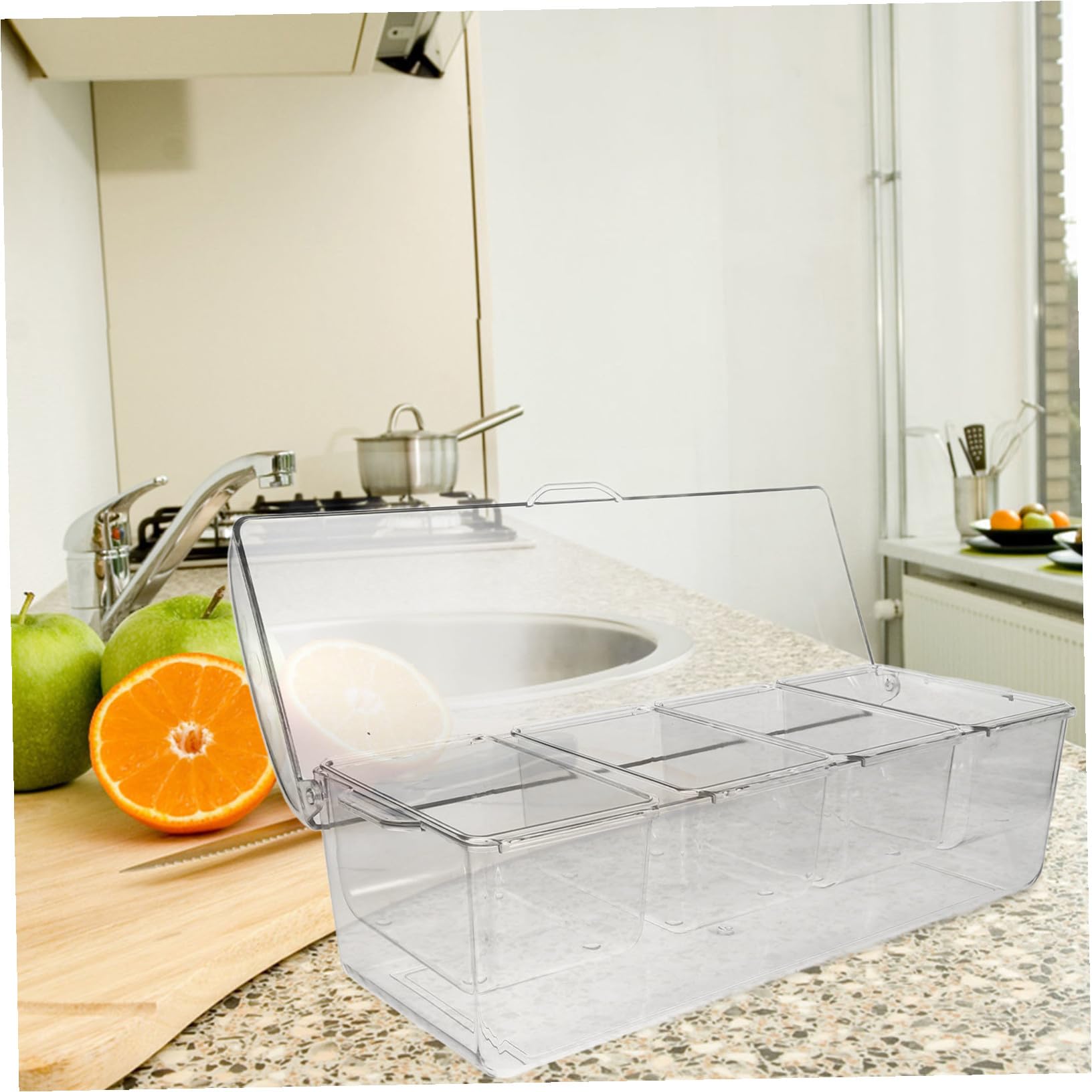 INOOMP Contenitore Condimenti Refrigerato Trasparente con Scomparti e Coperchio Organizer Salate Portatile per Feste Picnic e Barbecue Multiuso con Forchette e Clip