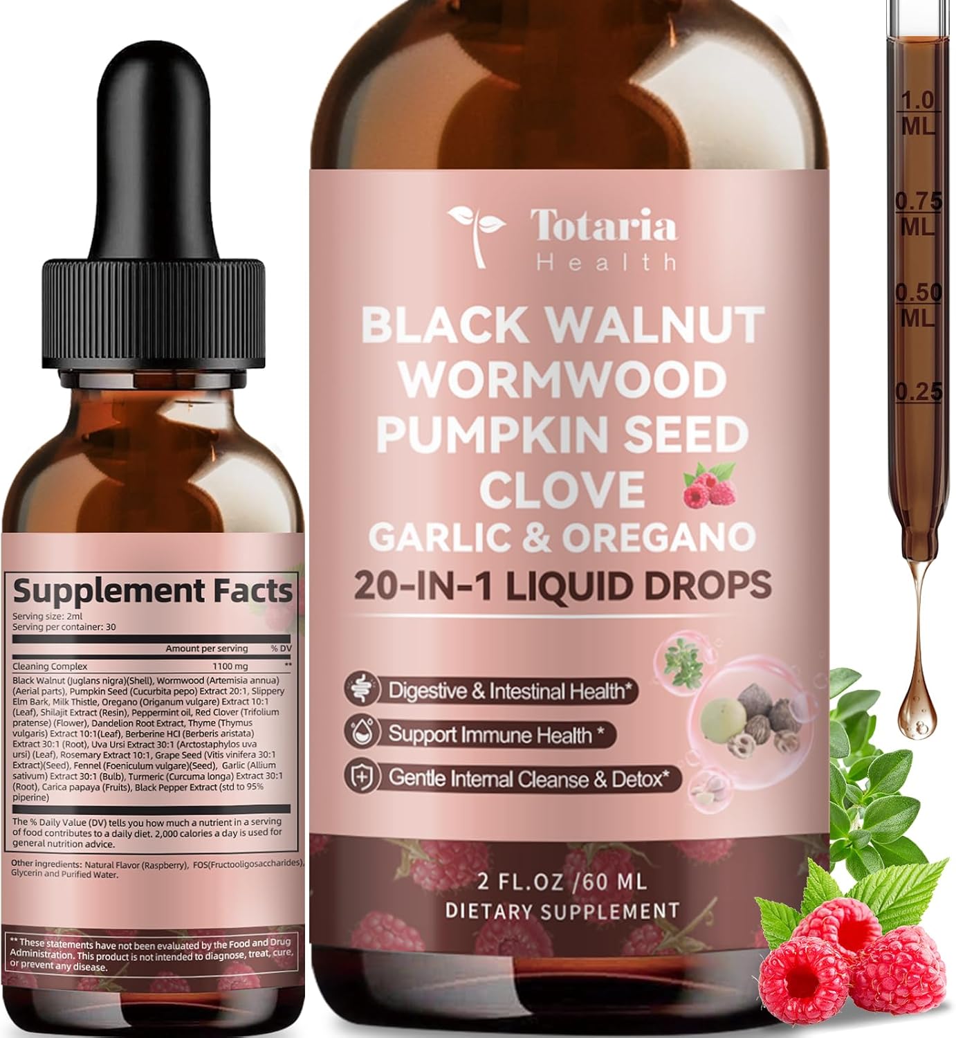 Totaria 20 in 1 Black Walnut Wormwood Tincture - Clove,Pumpkin Seed,Garlic,Oregano,Berberine - Gentle Gut Cleanse & Digestive Health - Alcohol-Free,Gut-Friendly -Raspberry Flavor - 2FL