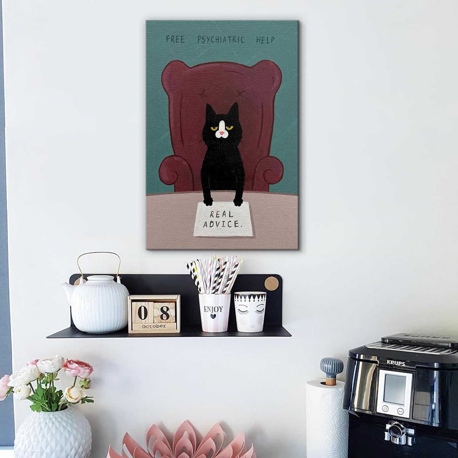 Craftline - Funny Black Cat Canvas Wall Art Free Psychiatric Help Real Advice Print Car Poster Pet Animal Picture Cartoon Decor for Asylum for Lunatic Pet Shop Living Rooms Bedrooms 16"x24"