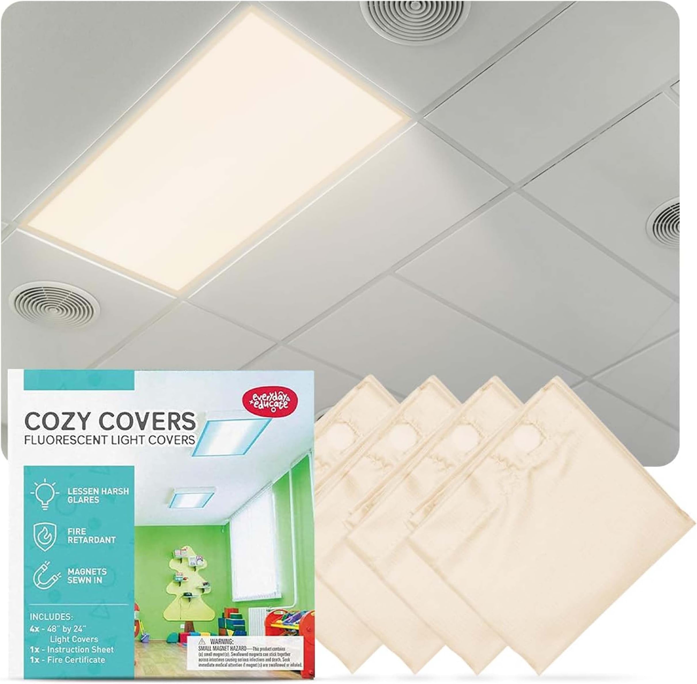 Fluorescent Light Covers for Ceiling Lights - Flicker & Glare Reducing Filters for Ceiling Lights - Overhead Light Covers - Ceiling Shade Filters for Classroom & Office - 48" x 24", Warm Yellow 4 Pack