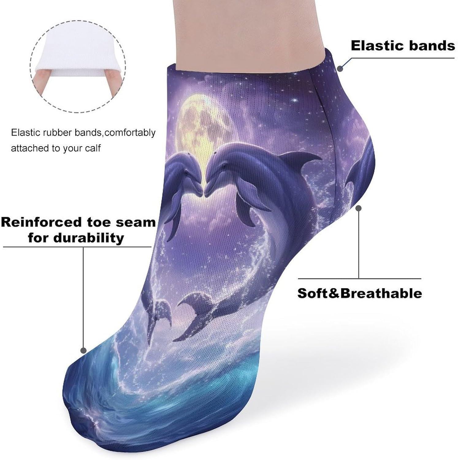 Jumping Dolphin Love Moon Ankle Socks for Men Women Low Cut Crew Sock Casual Sports Clothing