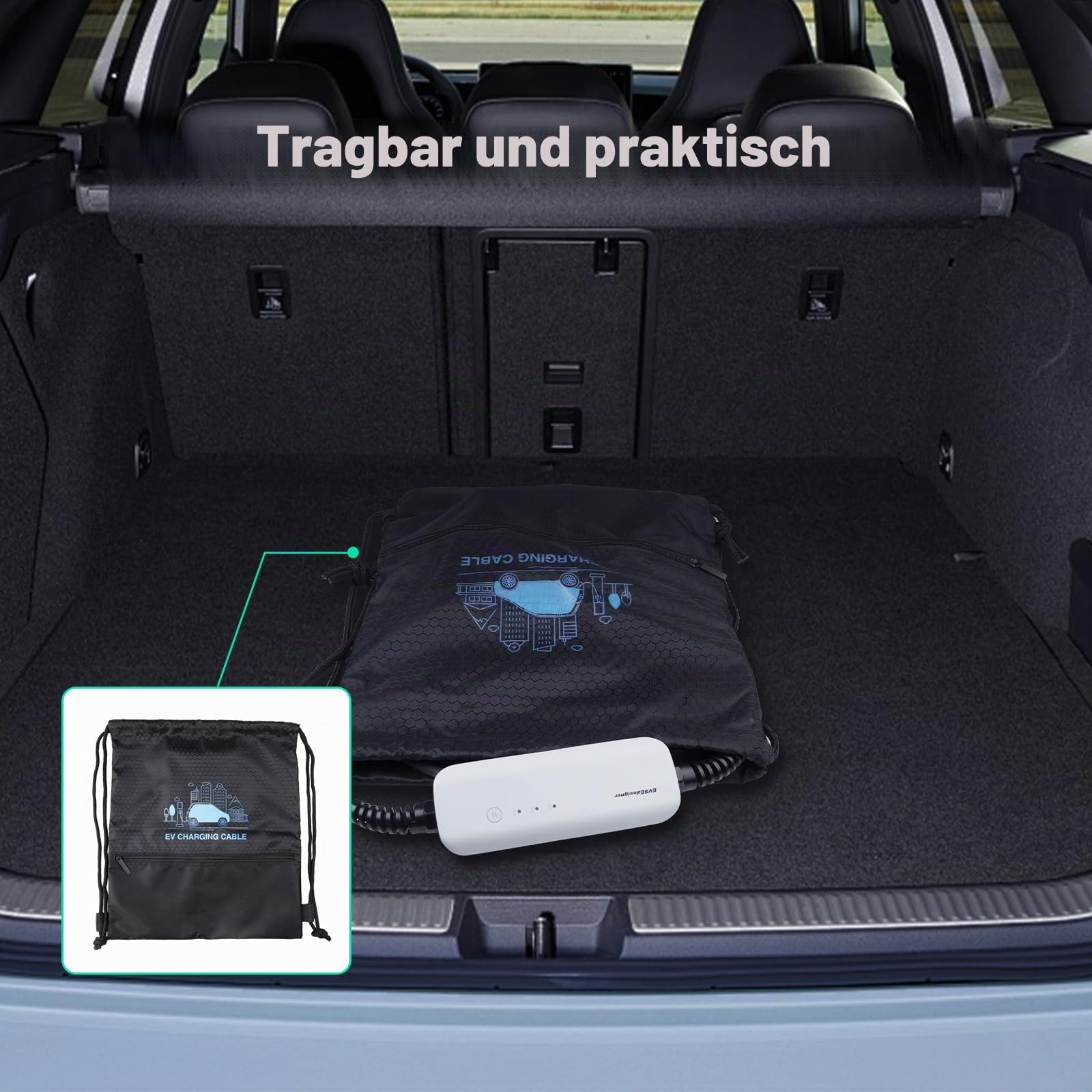 Typ 2 Ladekabel Schuko Mobile Wallbox 3,6kW Einstellbarer Strom 10/13/16Ampere mit Tragetasche für alle Elektrofahrzeuge und Plug-in-Hybridfahrzeuge 1-phasig 6m