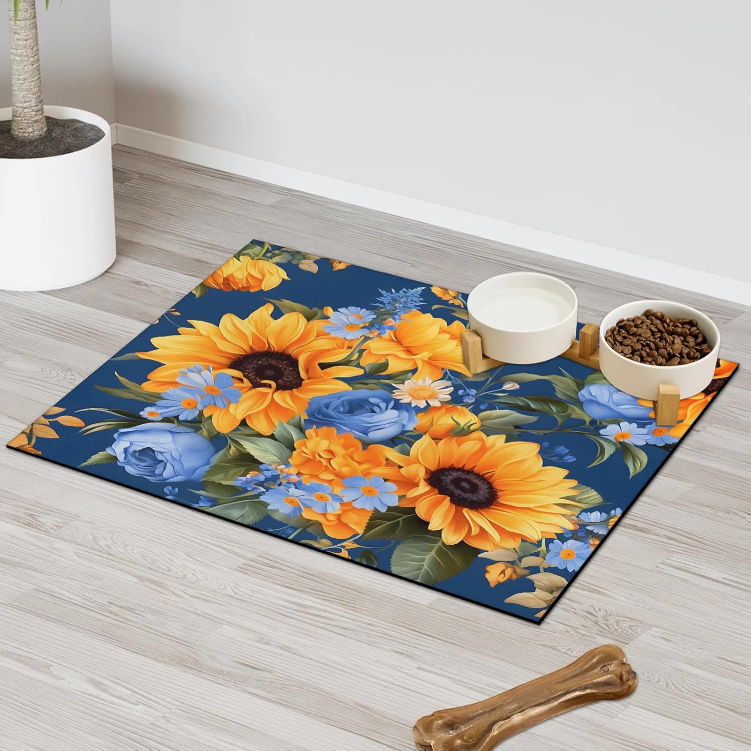Hexteria Sunflower Blue Rose Dog Cat Food Mat 24 x 32 in Spring Flower Absorbent Leakproof Pet Feeding Mat for Food and Water Bowl Non-Slip No Stains Pet Placemat