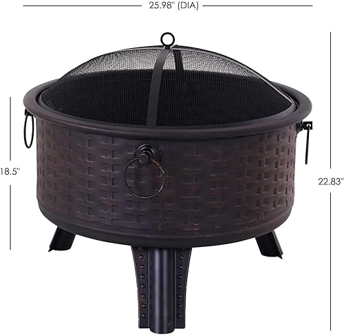 Miniatura 6 de Yoyomax Pozo de fuego, hoguera redonda de metal tejido de 26 pulgadas, hoguera de leña con pantalla, cubierta y póster, ahorro de espacio para