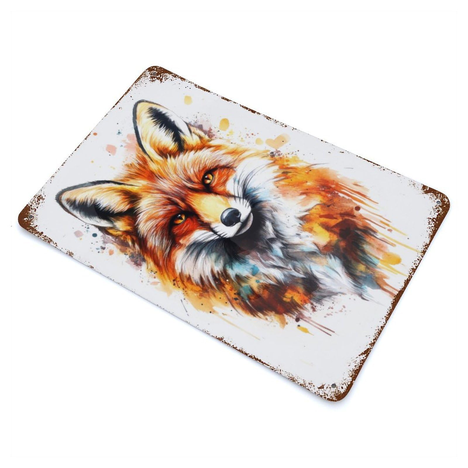 Garage Style Watercolor Fox Portrait Aged Metal Wall Plaque 11.8"x7.9", Farmhouse Wall Decor for Bar And Workshop