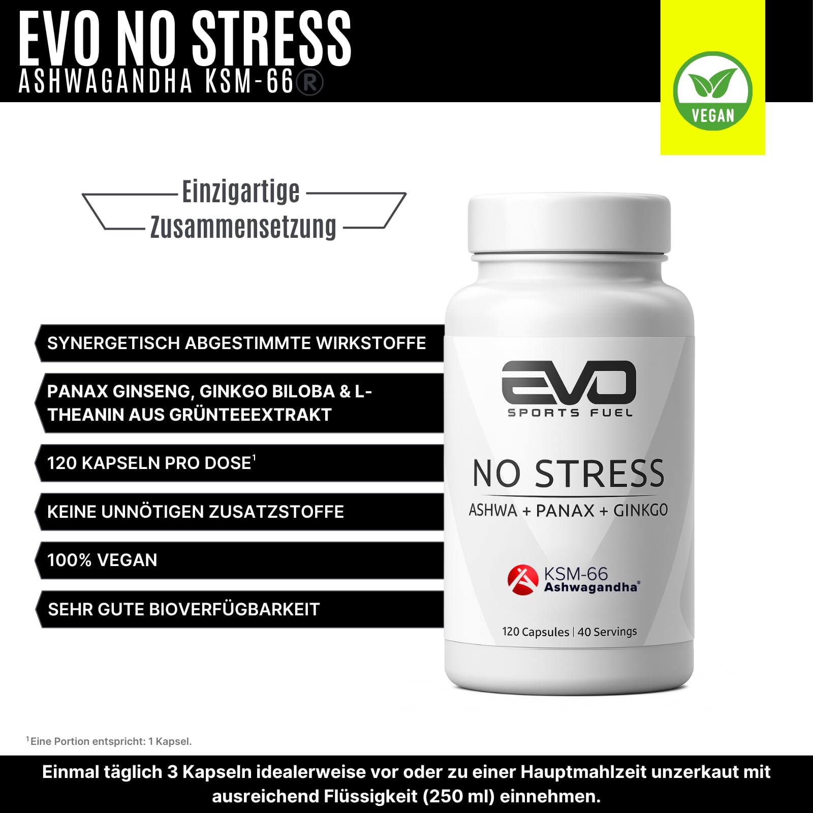 EVO SPORTS FUEL No Stress KSM-66® Ashwagandha Kapseln | 120 Kapseln | original indische Schlafbeere mit Panax, Ginkgo und mehr | 100% Vegan & natürlich | geprüfte Qualität | Made in Germany (1er Pack)