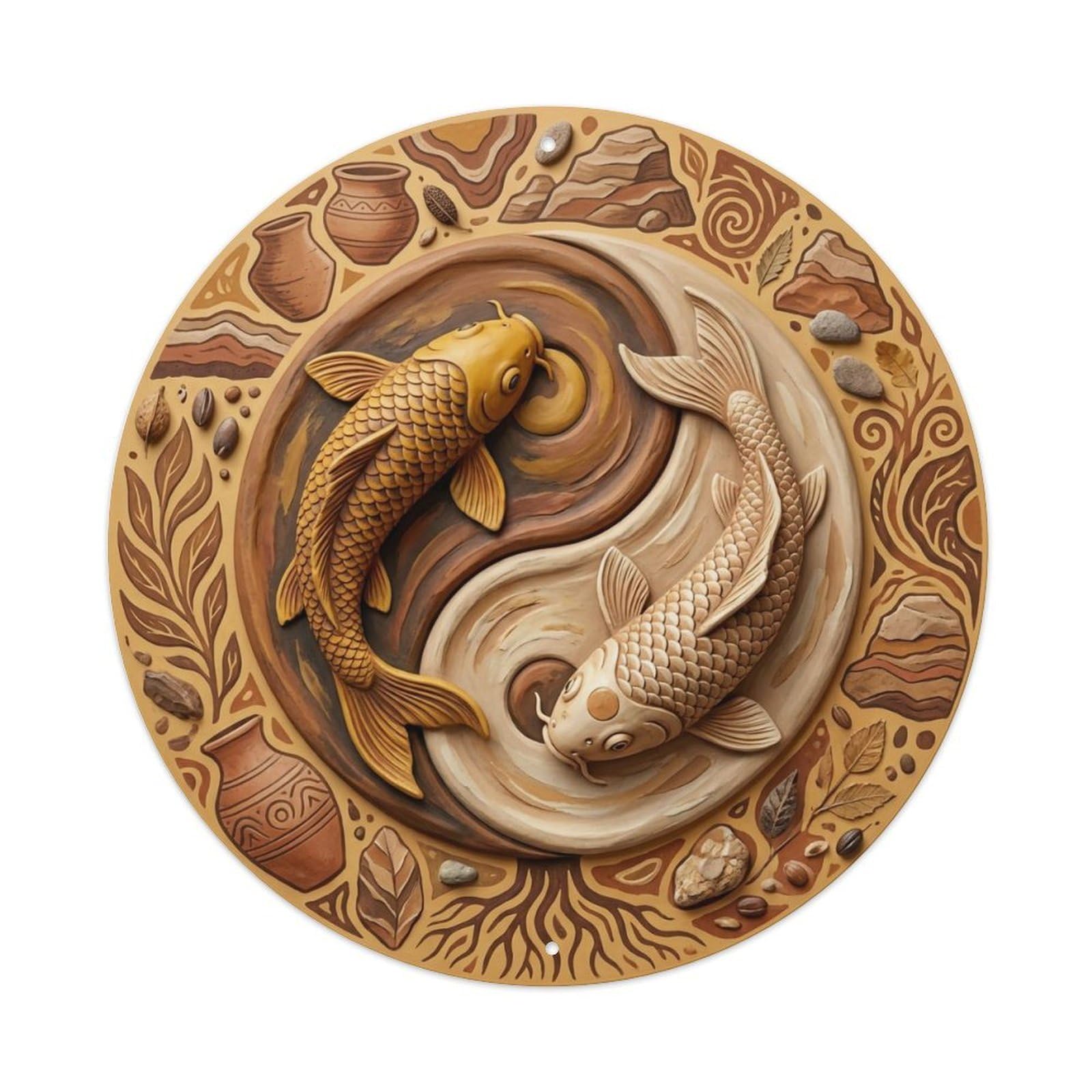 Tai Chi Koi Fish Ochre Yellow Earth Clay Metal Tin Sign