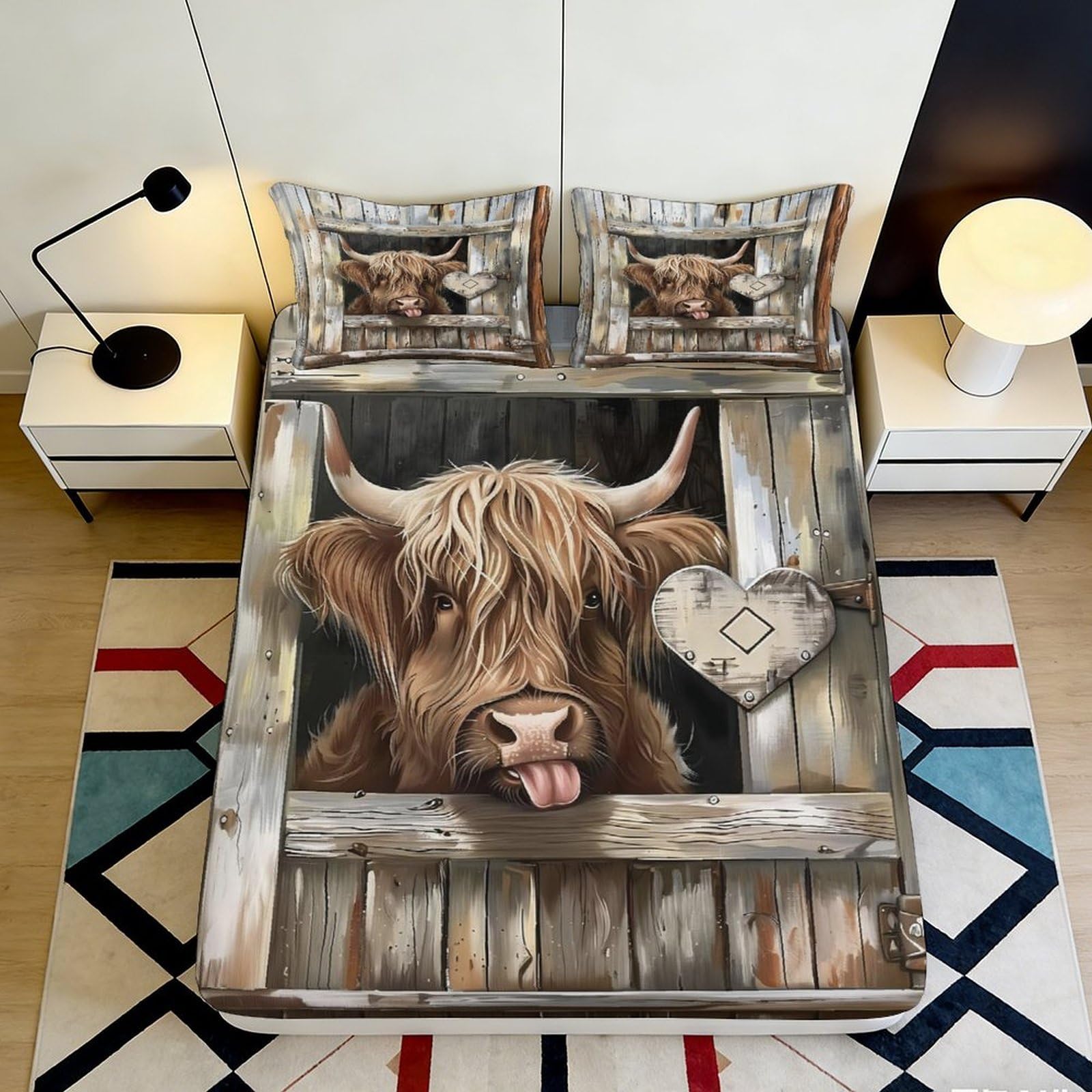 Pnayamiorkfel Style-8 3D Printed Highland Cow Fitted Sheet Microfiber Rustic Barn Bed Cover For Bedroom Dorm Easy Care Non Slip Decor 90X200x25cm