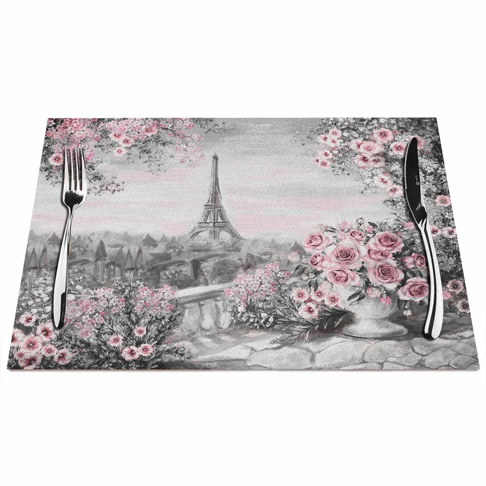 Walmsco Placemats Pink Cherry Blossom Eiffel Tower Decor For Dining Room Kitchen Table,Waterproof Non-Slip Washable Heat Resistant Placemats,Set of 4,12"x18"