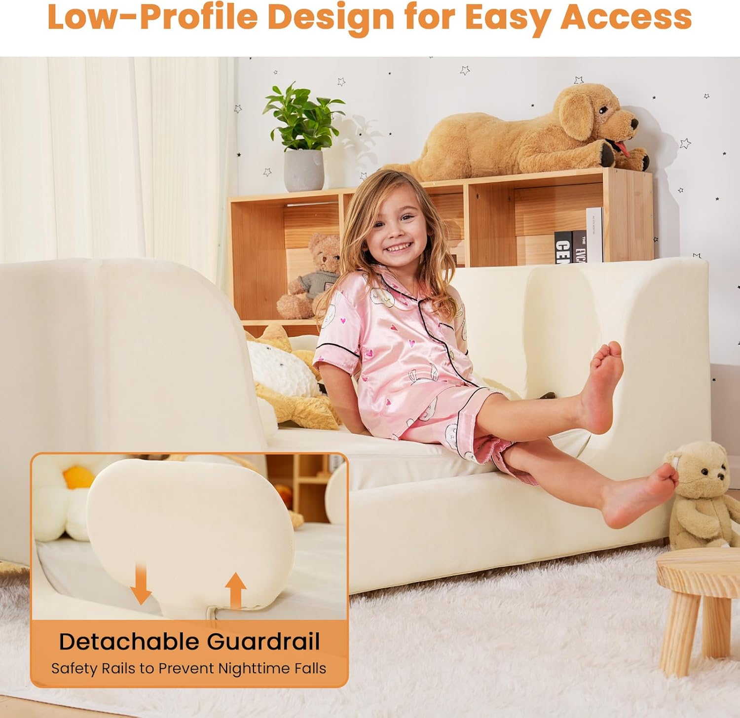 Toddler Bed Frame, Toddler Bed Upholstered, Toddler Floor Bed with Wood Slats and Removable Safety Guardrails, Standard Crib Size Kids Bed for Girl and Boy, White