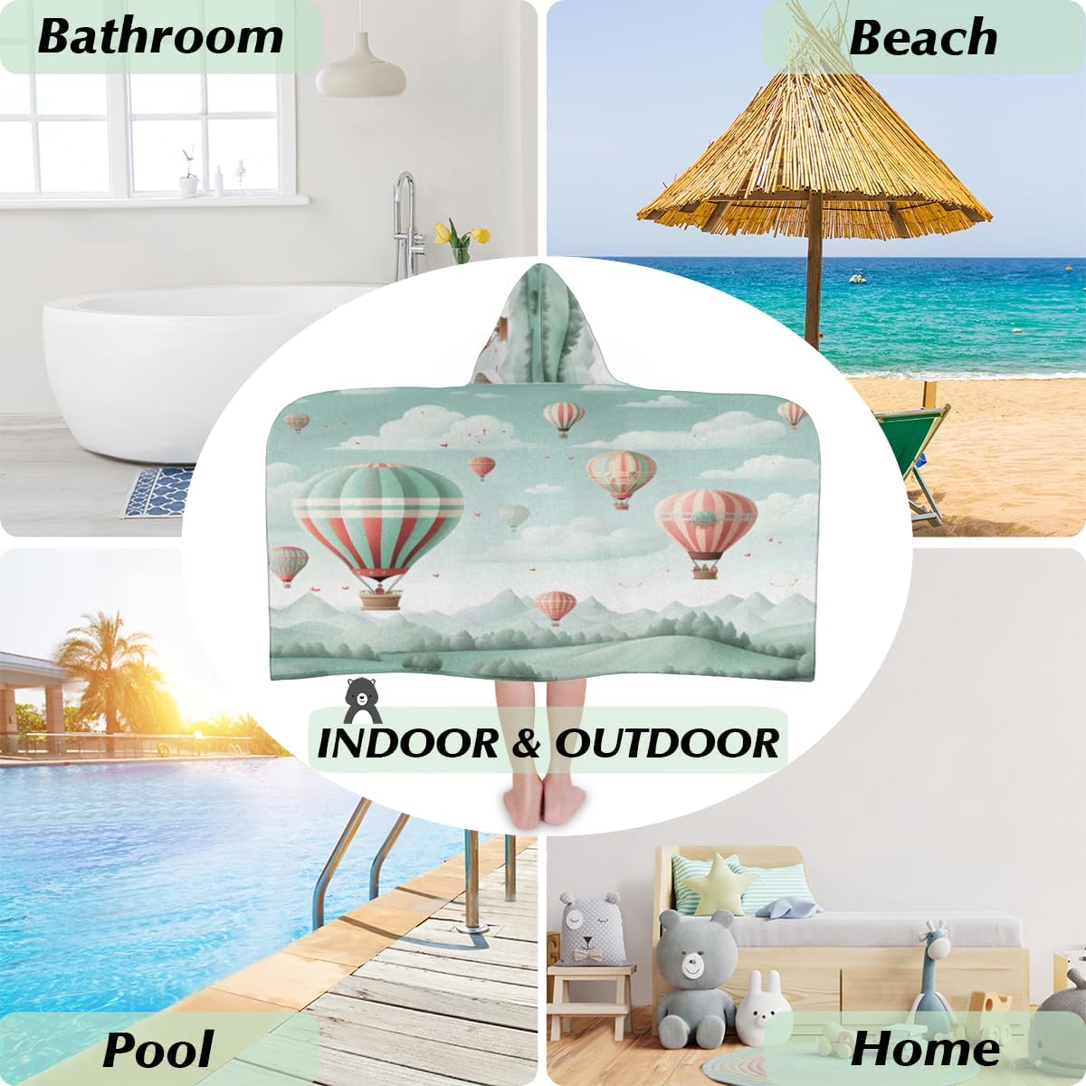 Pardick Kids Bath Towel Sky Balloon Beach Towel with Hood Pool Cover Up for Girls Boys Soft Absorbent Hooded Bath Towel Toddler Towels for Beach, Pool