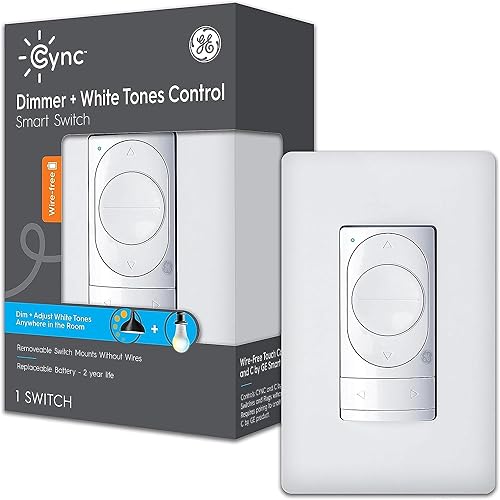 GE CYNC Smart Dimmer Light Switch, White Tones Control, Wire-Free, Battery Light Switch, Bluetooth Switch, White (1 Pack)