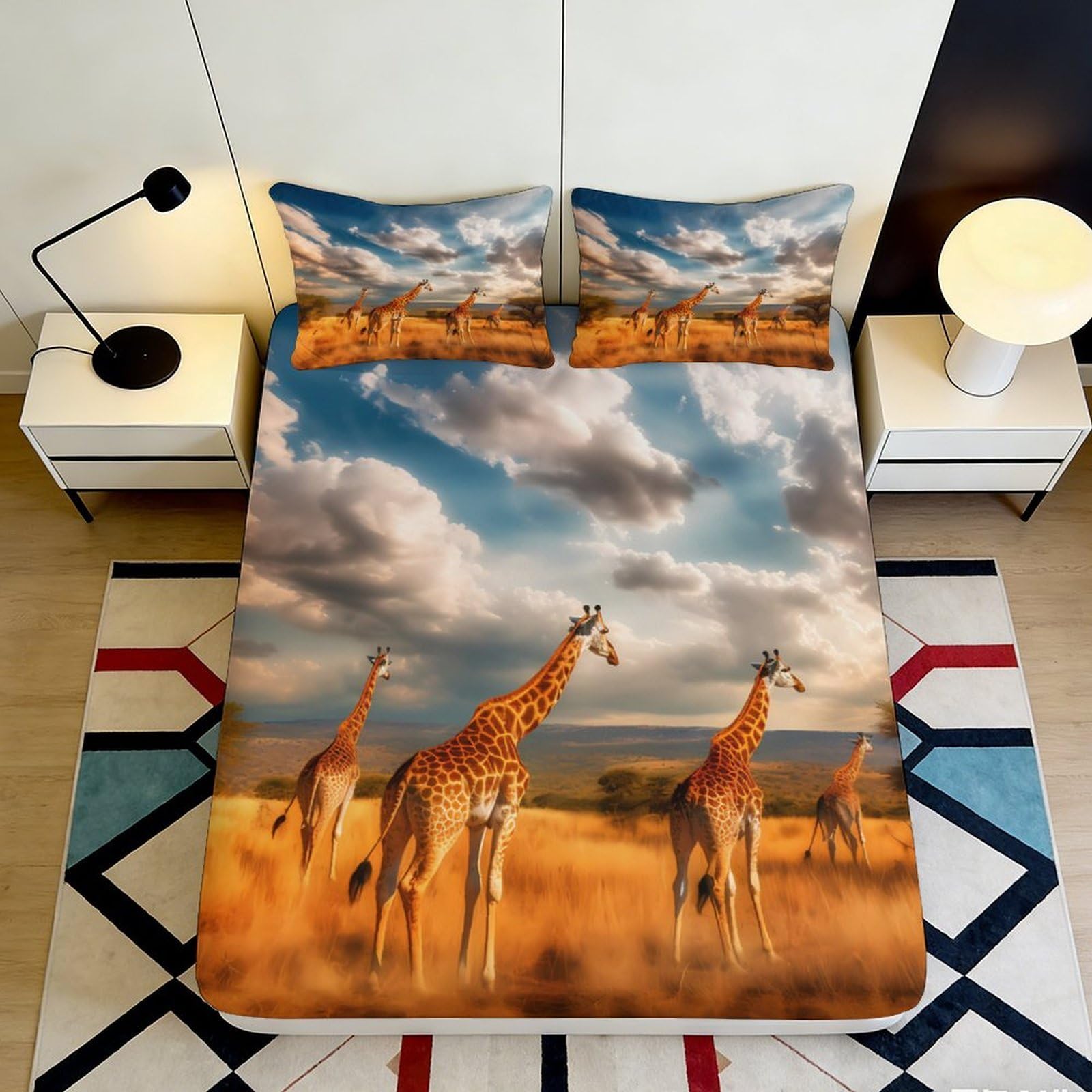 3D Printed African Savanna Giraffe Fitted Sheet Microfiber Soft Bed Cover for Bedroom Dorm Mattress Protection Decor 90x200x25cm