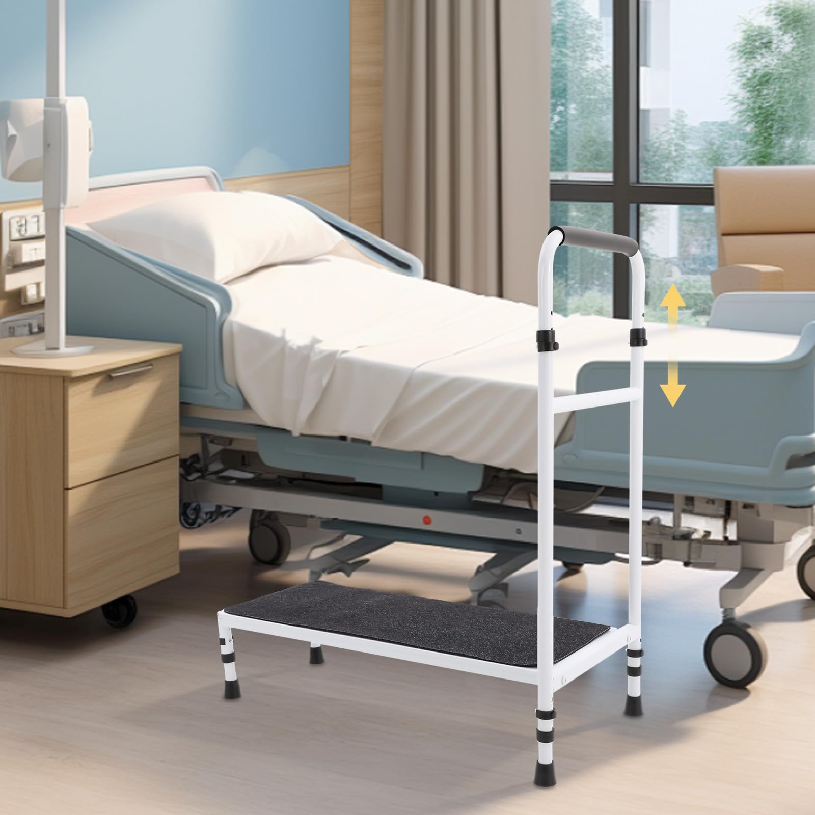 Scalino mobile di sicurezza per anziani, antiscivolo, 1 gradino, con corrimano regolabile, portata fino a 150 kg, ideale per vasca da bagno, letto e veicolo (bianco)
