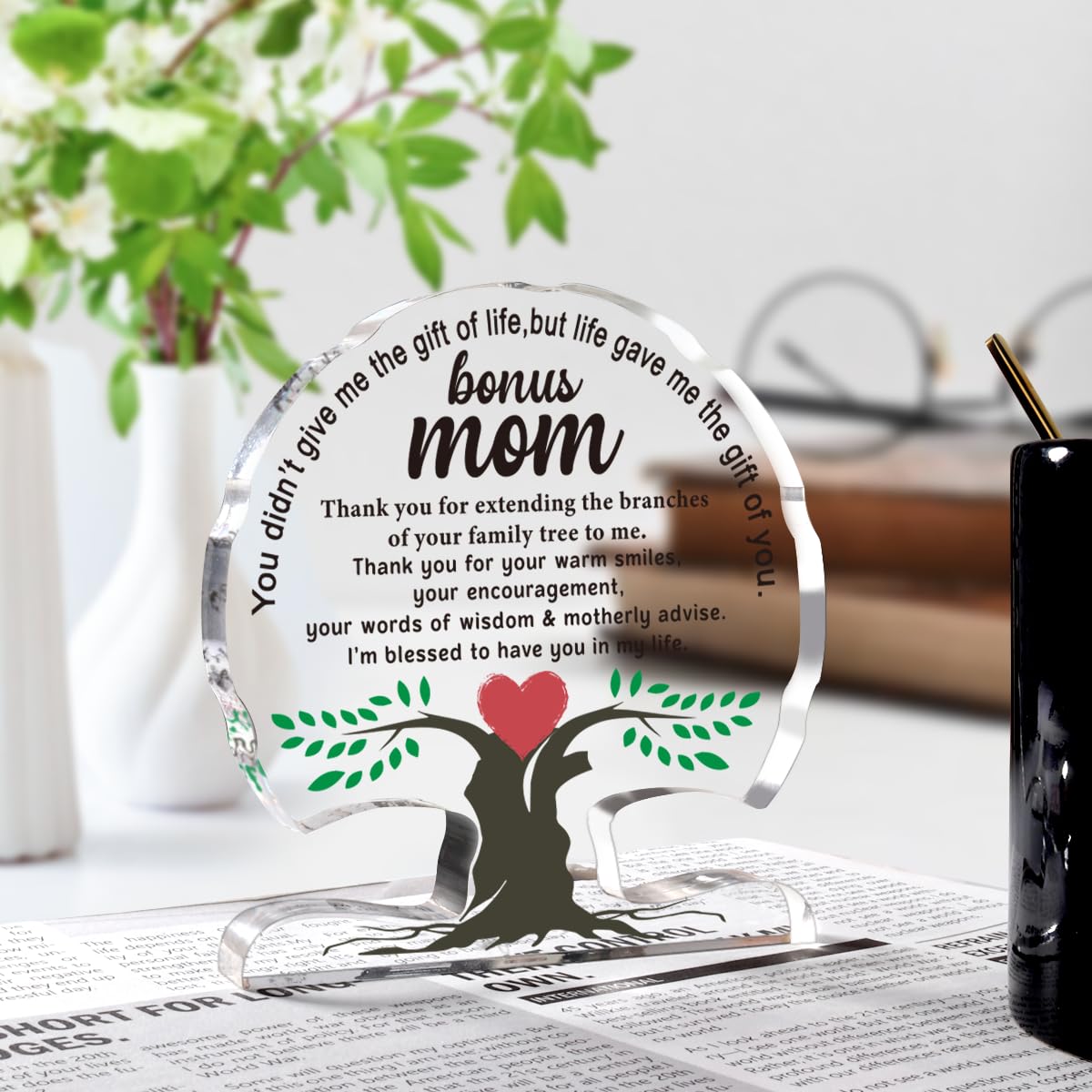 Bonus Mom Gifts from Daughter Son, Birthday Gift for Step New Mom, Stepmother, Mother, Unique Thank You Mom Gifts Acrylic Tree Desk Signs Home Decor Plaque, Mothers Moms Day Gift