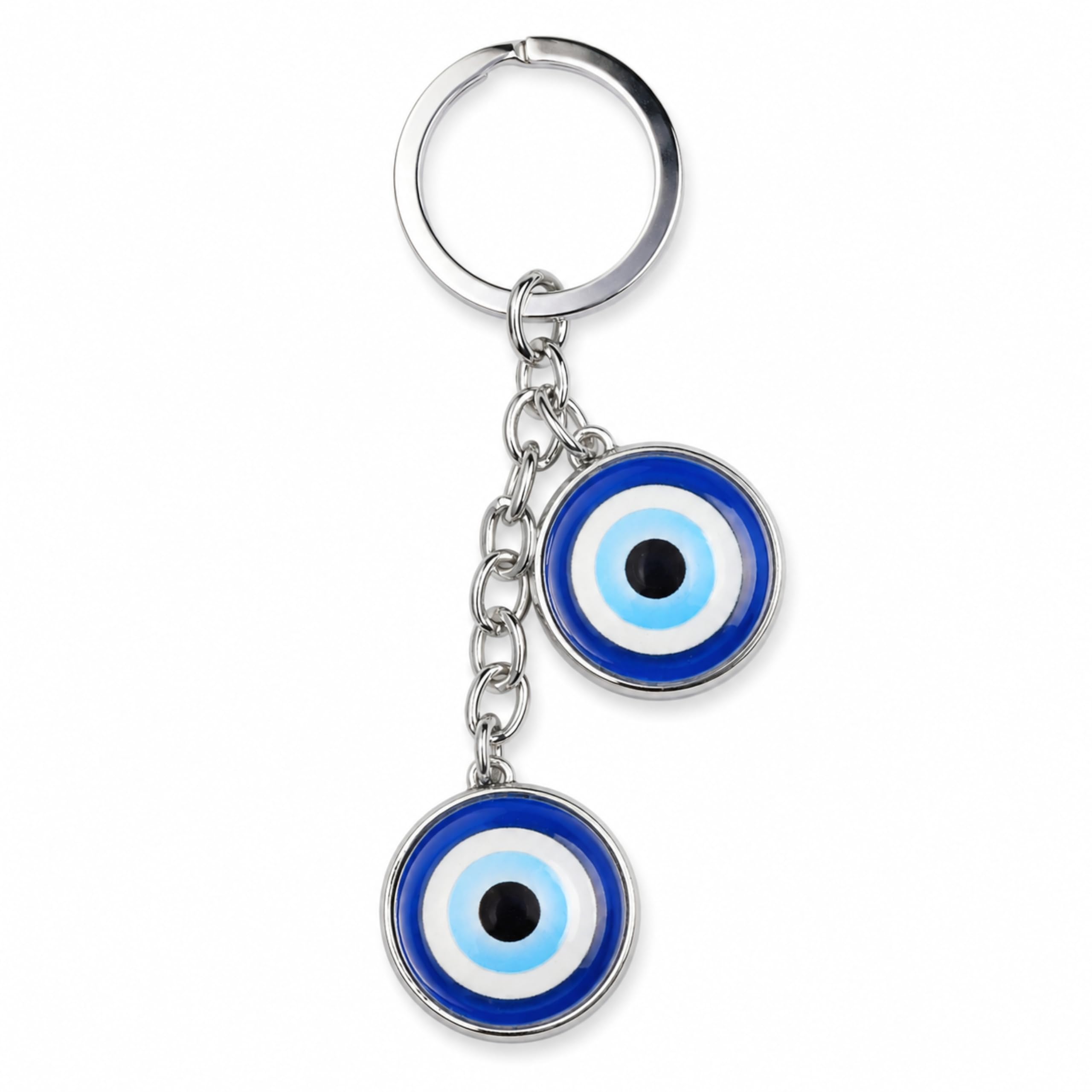 Evil Eye Keychain with Double Charm, Blue, Stainless Steel Chain-picture-13