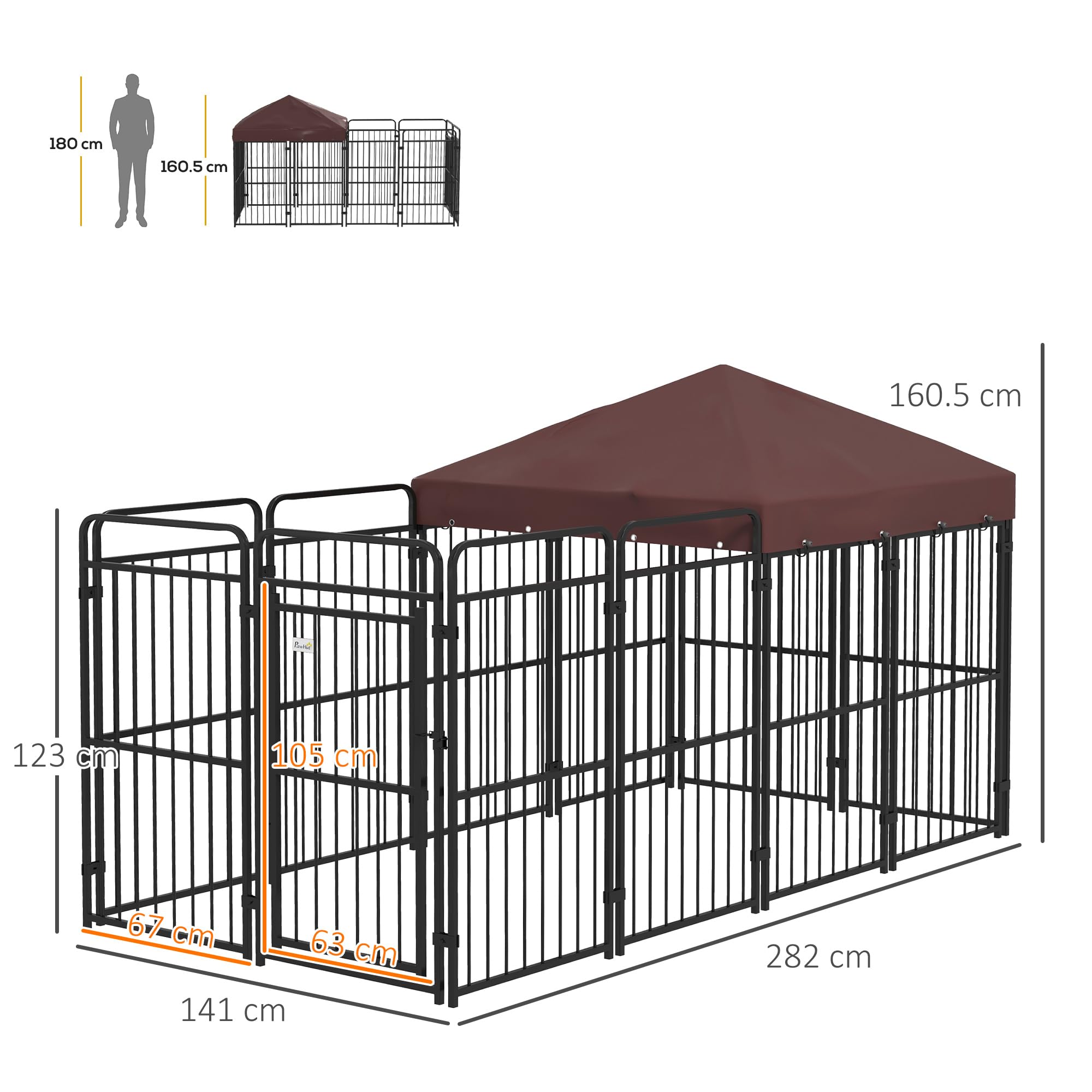 PawHut Zwinger für Hunde im Freien, Hundezwinger mit wasserdichtem Anti-UV-Dach, Metallkäfig für große Hunde, 282x141x159cm, braun